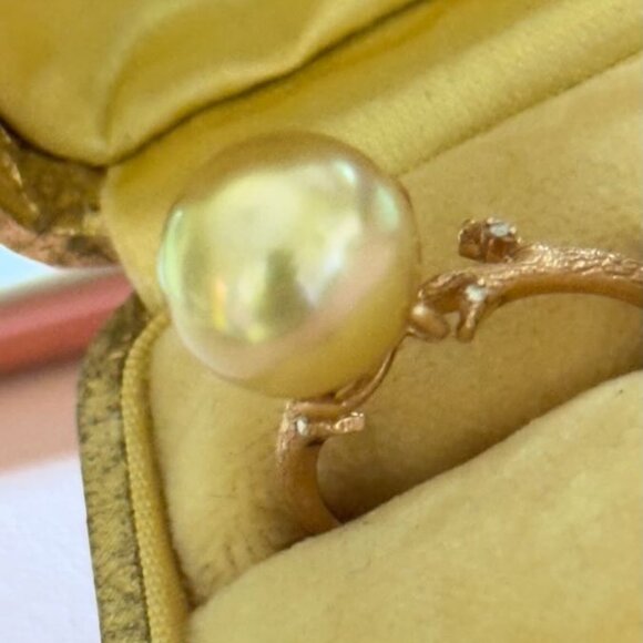 Natural South Sea Golden 12mm Pearl 14kt Ring with Accent Stones size 7.5 - Picture 5 of 8